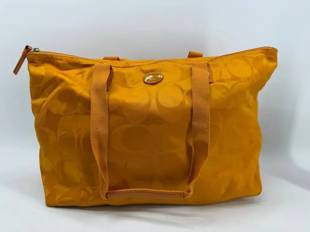 Coach Signature Nylon Tote Bag Orange Large Shoulder Travel Zip Top